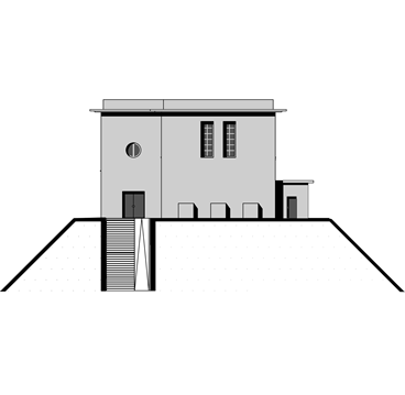 Entwurfszeichnung von Falk Architekturbüro: Ansicht eines kubischen Hauses mit Flachdach auf einer Geländekuppe