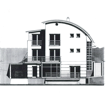 Entwurfszeichnung von Falk Architekturbüro: Ansicht eines dreigeschossigen Hauses mit geschwungenem Dach, Balkonen und Glasfuge
