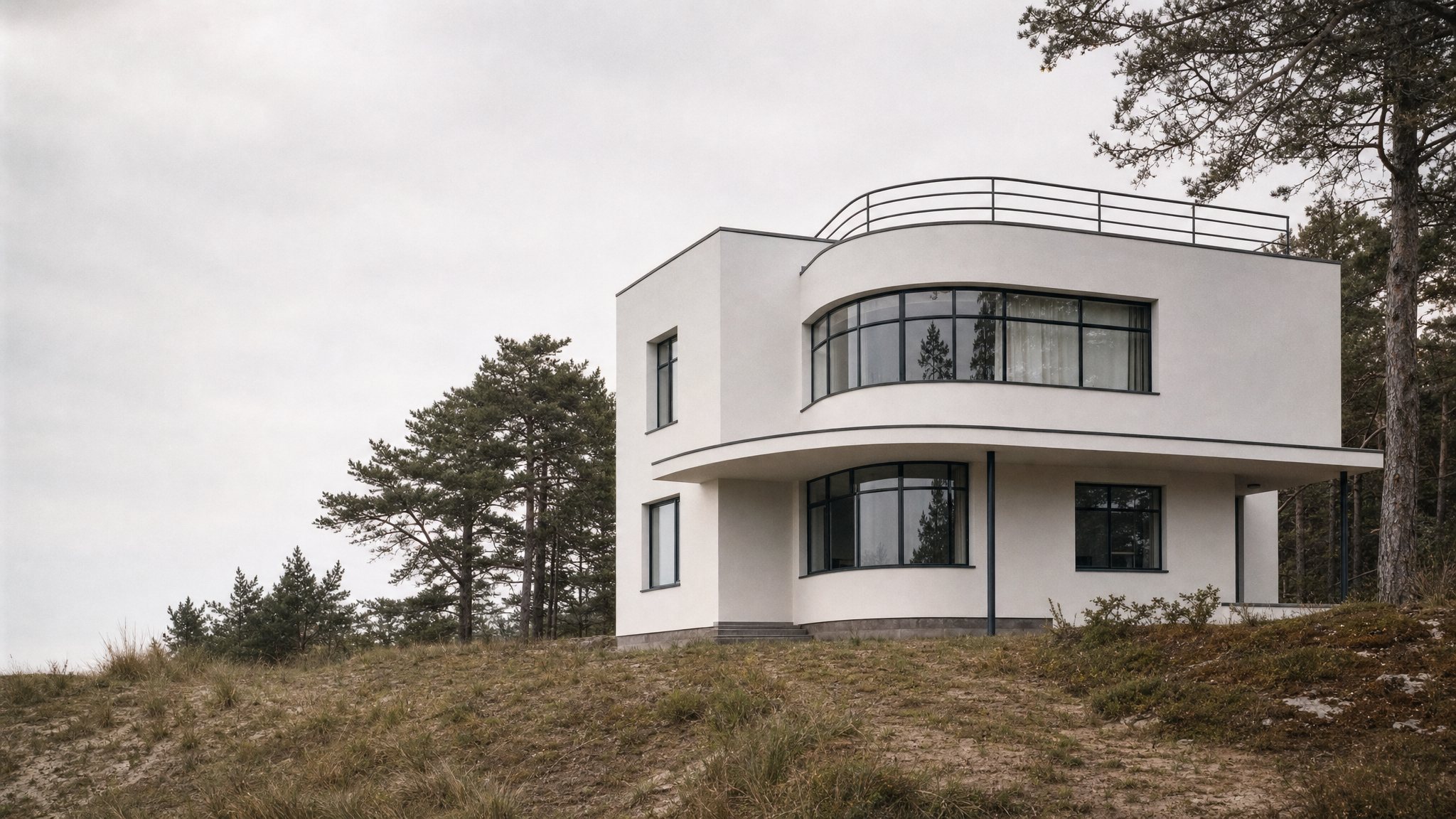 Weiße Villa im Stil der klassischen Moderne mit Flachdach und Fensterbändern zwischen Kiefern (KI-generierte Illustration)