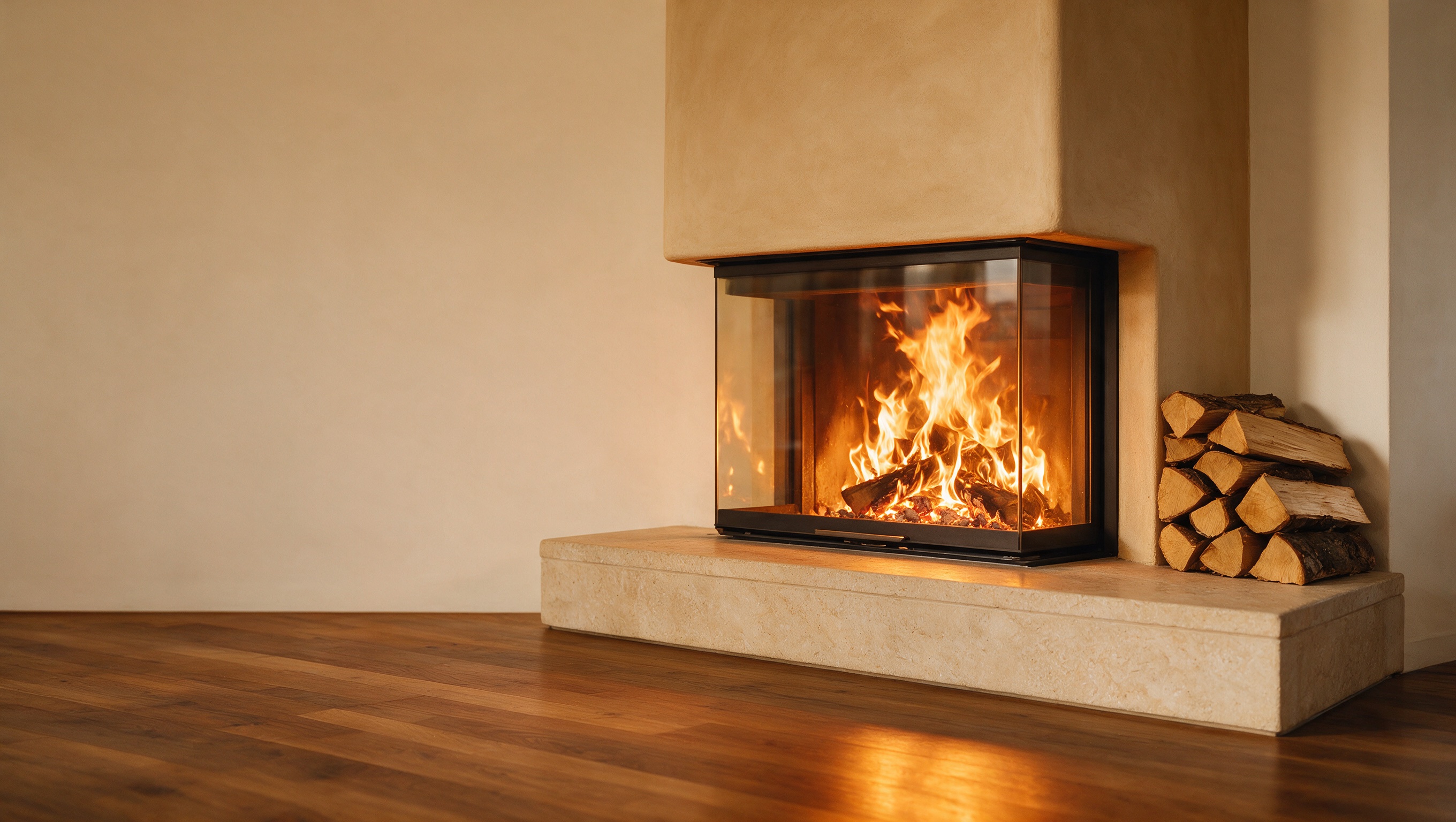 Eleganter Heizkamin mit brennendem Feuer und Natursteinbank in warmem Abendlicht