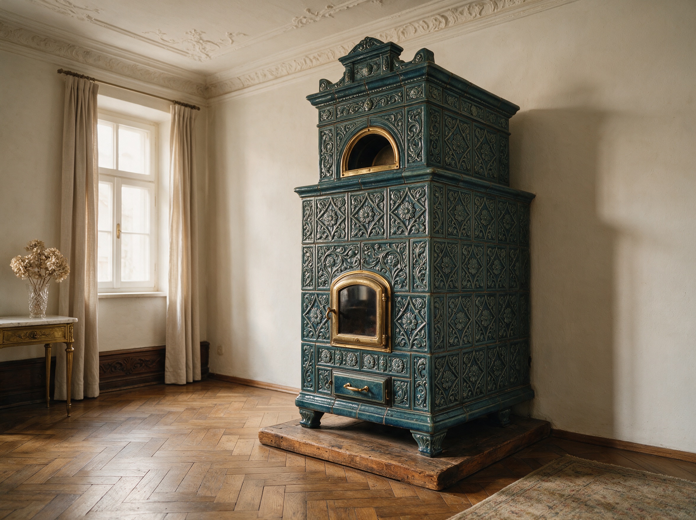 Historischer Kachelofen mit verzierten Ofenkacheln